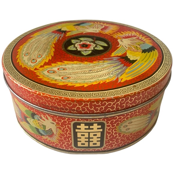VTG England Asian Bird Motif Phoenix Metal Biscuit Tin Collectible Canister - Picture 3 of 12
